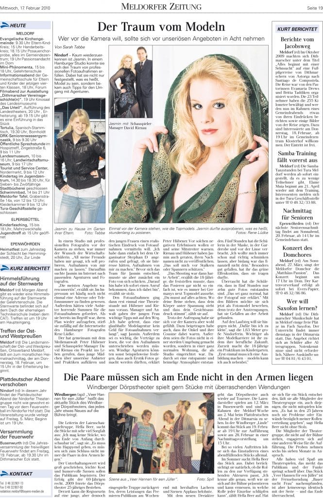 Presseartikel Meldorfer Zeitung über Fotograf René Lüdke – Der Traum vom Modeln, Aufklärungsprojekt für junge Models