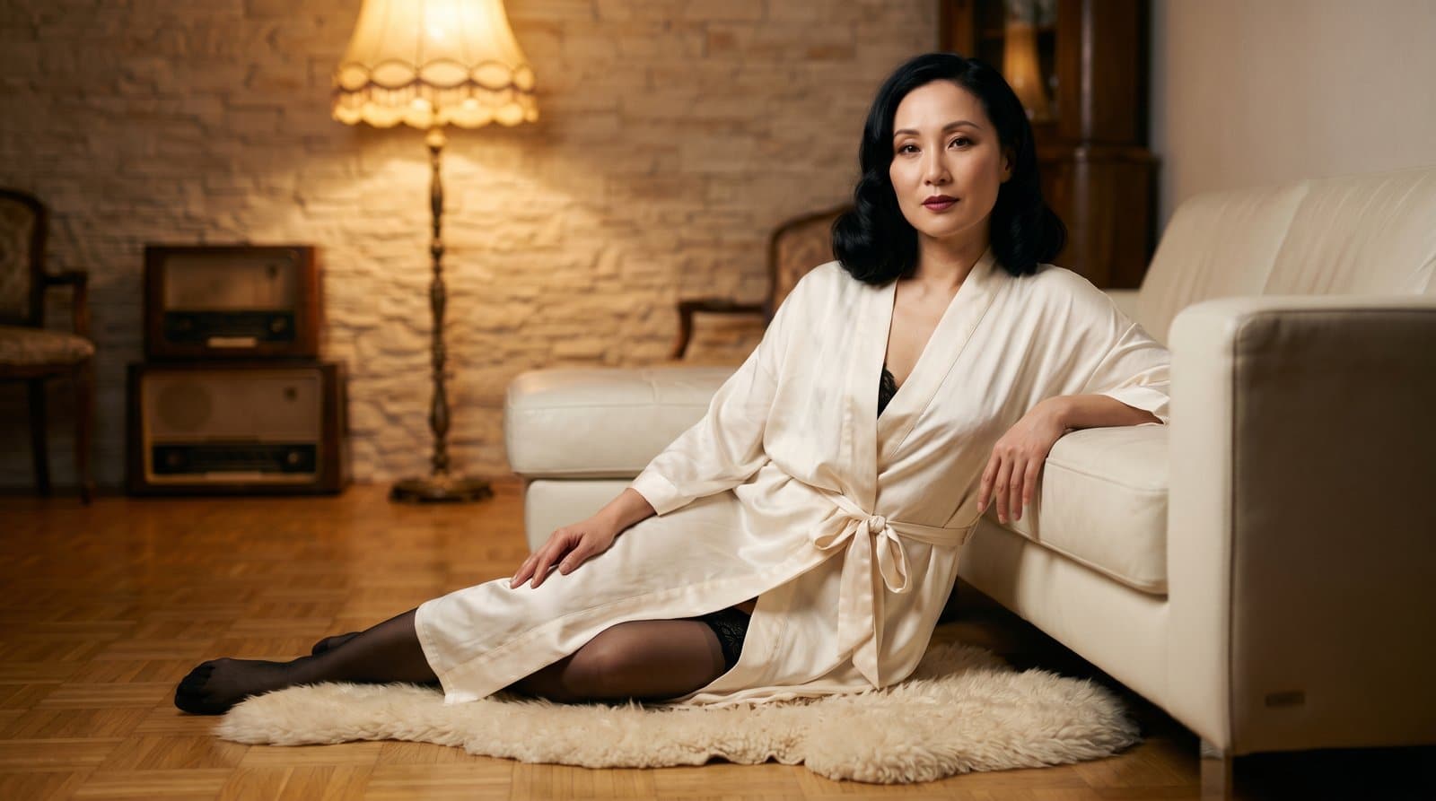 Boudoir-Fotografie Hamburg - Frau in Seidenrobe im Atelier von René Lüdke